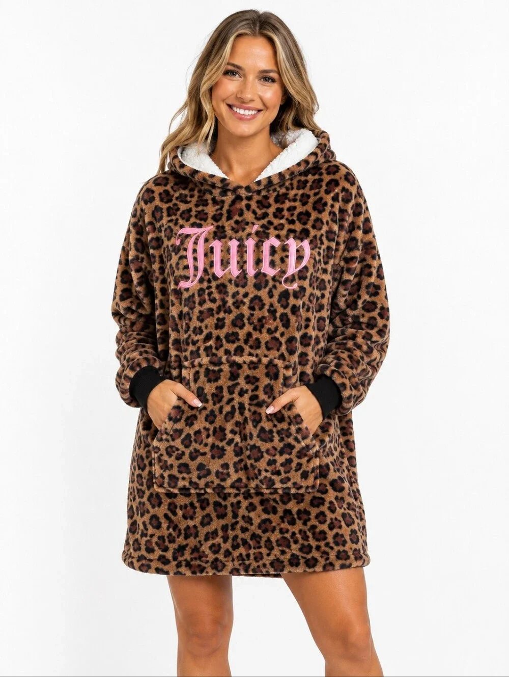Juicy Couture S/M Leopard Print Plush Hooded Sleepwear Sherpa Lounge Dress